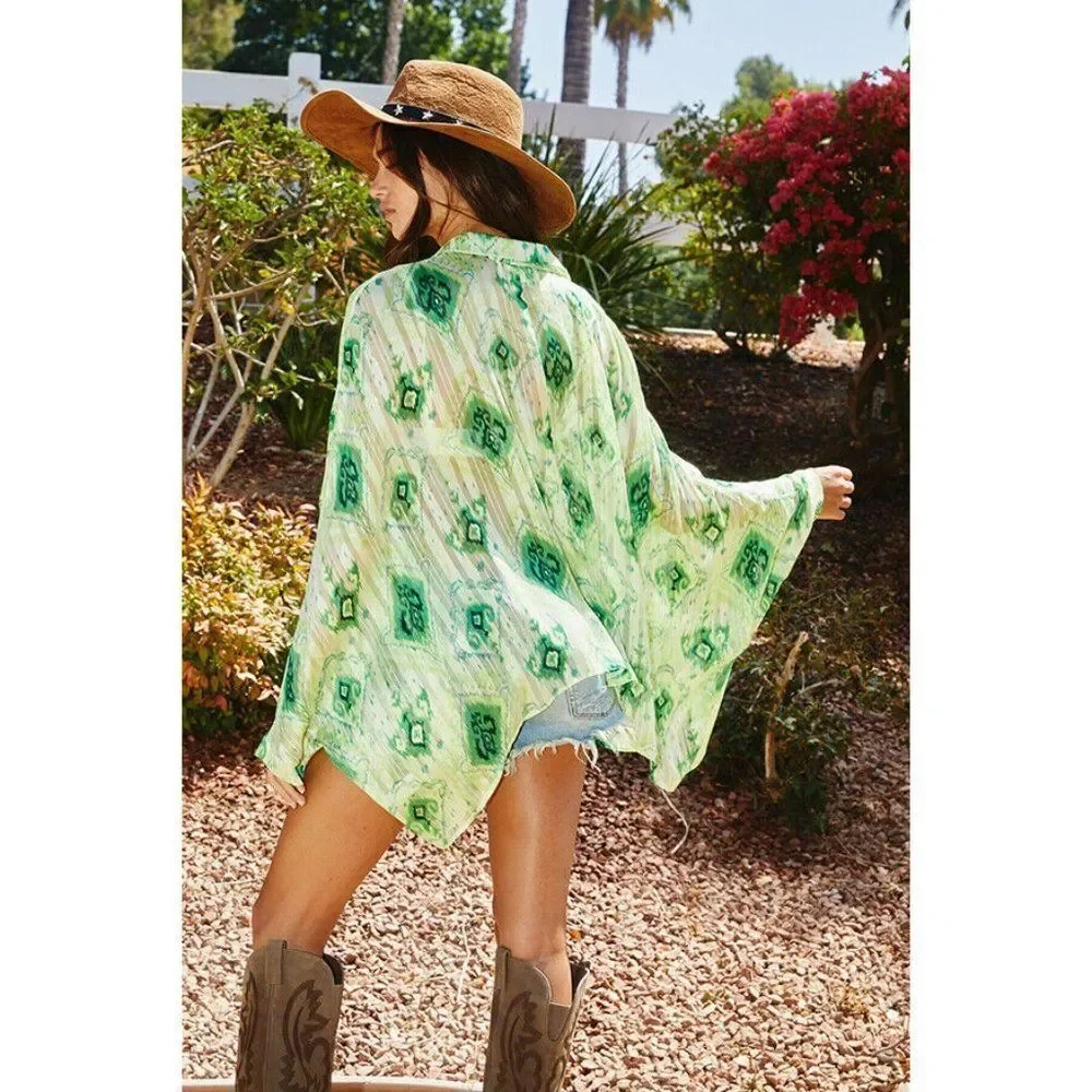 SALE! Bucketlist LUREX CHIFFON PRINTED BUTTON UP Green Sparkly Drape T1068C